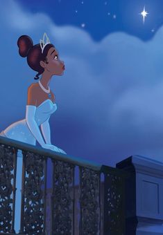 the princess and the frog sitting on top of a balcony looking up at the sky