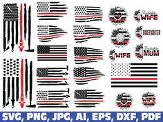 the american flag collection is shown in black and white with red, white and blue stripes