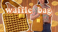 a woman holding a crocheted bag with waffles around it and the words waffle bag