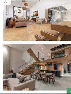 two pictures of a living room and dining area with stairs leading up to the second floor