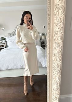 Sweater Silk Skirt Outfit, Silk Skirt Sweater, Slip Skirt Outfit Winter, Silk Skirt Outfit Winter, Silk Skirt And Sweater, Cream Skirt Outfit, Satin Skirt Outfit Winter, Satin Skirt Outfit Classy, Skirt Outfits With Boots