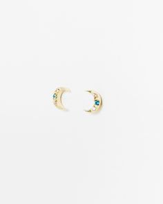 Gold plated stud earrings in a crescent moon shape, with clear and colored gem details. Chunky Twists, Moon Gold, Gold Plated Bangles, Moon Shape, Oliver Bonas, Colored Gems, Green Gifts, Gold Plated Chains, Earring Backs