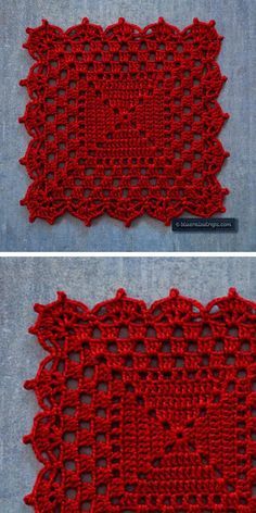 two pictures of red crocheted placemats