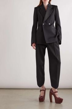 Black Pleated grain de poudre wool straight-leg pants | BOTTEGA VENETA | NET-A-PORTER Womens Black Pants, Wool Trousers, Pleated Pants, Wool Pants, Double Breasted Blazer, Shearling Jacket, Black Bottoms, Wool Blazer, Coat Fashion