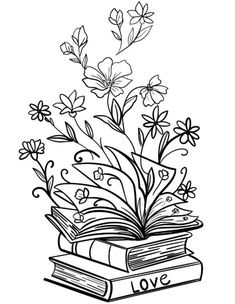 an open book with flowers coming out of it and the word love written on top