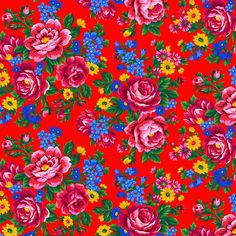 a red background with pink, yellow and blue flowers