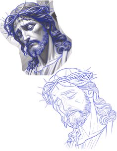 two drawings of jesus and the head of jesus