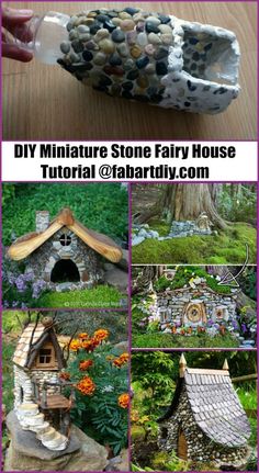 the instructions for making a miniature stone fairy house are shown in this photo collage