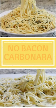 spaghetti being cooked on a white plate with the words no bacon carbonara above it