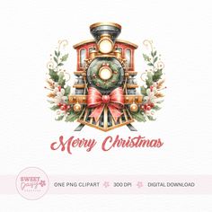 a christmas card with a train and wreath