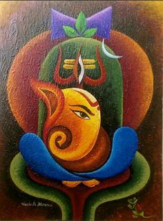 an oil painting on canvas depicting the face of lord ganesha with his eyes closed