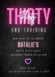 a party flyer with neon lights and hearts on the front, in black and pink