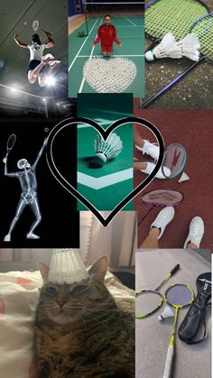 a collage of photos with cats, tennis rackets and other things in them