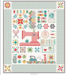 a quilt with many different types of sewing items on the front and back, along with scissors