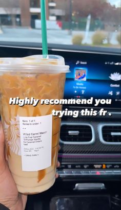 someone holding up a starbucks drink in their hand with the caption highly recommend you trying this fr