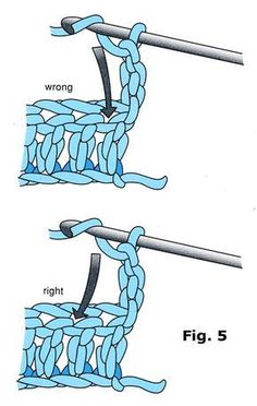 two pictures showing how to crochet the same stitch on each side of the hook