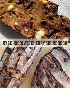 some type of chocolate cherry sourdough on a white plate