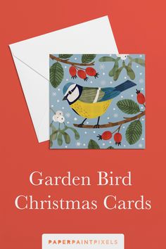 a bright and cheerful illustrated christmas card of a blue tit resting on a wild rose branch surrounded by mistletoe. Rose Branch, Alphabet Nursery, Boys Prints, Bird Christmas, Garden Birds, Initial Prints, Nursery Accessories, Beautiful Illustration, Neutral Prints