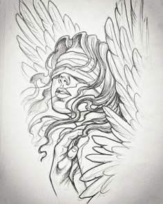 a drawing of a woman with wings on her head