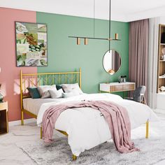 a bedroom with green, pink and white walls in the color scheme is pictured here