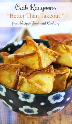 some food is in a bowl on a table with the words crab rangons better than takeout