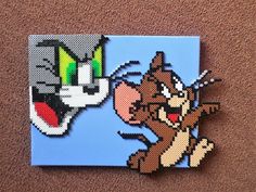 two pieces of beaded art depicting cartoon characters