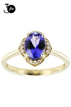 1.15ct Oval Blue Tanzanite With 0.06ctw Round White Diamond 10k Yellow Gold Ring. Measures Approximately 0.34"L x 0.40"W. Blue Tanzanite, Yellow Gold Ring, 10k Gold, Yellow Gold Rings, White Diamond, Gold Ring, Gold Rings, Yellow Gold, Ring