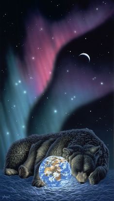 a painting of a bear sleeping on the ground next to a blue and pink aurora bore