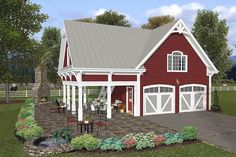 a red and white barn style house with a covered patio