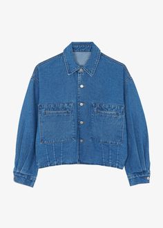 Color: Blue Midweight denim fabric Relaxed silhouette Pointed collar Drop shoulders Double front welt pockets Front button closure Unlined 100% Cotton Hand Wash Cold or Dry Clean Imported One Size Denim Fabric, Drop Shoulder, Welt Pocket, Denim Jacket, Collar, Blue, Fabric