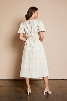 Oatmeal jacquard midi dress-NEW – JanieLanie Modest Midi Dress With Gathered Waist, Workwear Midi Dress With Elastic Waistband, Beige Midi Dress With Elastic Waistband, Relaxed Fit Midi Dress With Smocked Back, Midi Dress With Smocked Back And Relaxed Fit, Spring Beige Midi Dress With Gathered Waist, Beige Relaxed Fit Midi Dress, Feminine Relaxed Fit Midi Dress, Nursing Friendly Tops