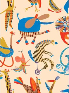 an animal and bird pattern is shown on a pink background with blue, red, yellow, and orange colors