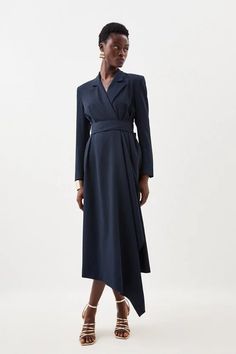 Drape Belted Long Sleeve Soft Tailored Midi Dress Formal Midi Dress Classy, Midi Dress Classy, Dress With Blazer, Formal Midi Dress, High Low Midi Dress, Bride Outfits, Strappy Maxi Dress, Strappy Mini Dress, Midi Dress Formal