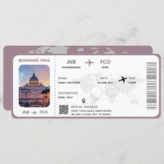 a boarding pass with an airplane flying in the sky and a map on it's side