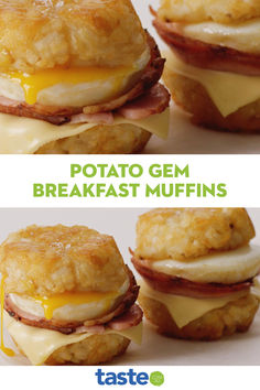 two pictures of breakfast muffins with cheese and ham on them, one has egg in the middle