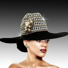 Adorned With Sparkling Rhinestones And Elegant Jewels, This Wide-Brimmed Couture Hat Is Perfect For Any Country Music, Western Themed Event, Or Cowboy/Cowgirl Hat Aficionado Embrace The Spirit Of The Wild West While Exuding Glamour And Sophistication. Turn Heads With This Exquisite Piece, And Get Ready To Steal The Show! Shine Like A Country Star In This Exquisite Couture Ladies Cowboy Hat By Beloved Millinery Couture!" Woman Cowboy Hat, Elegant Couture, Church Lady Hats, Pretty Hats, Couture Hats, Crochet Hat Free, Elegant Hats, Crochet Hats Free Pattern, Couture Accessories