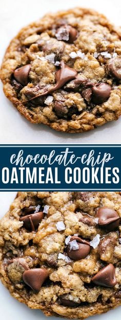 two chocolate chip oatmeal cookies stacked on top of each other with text overlay