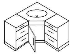 a line drawing of a corner sink cabinet