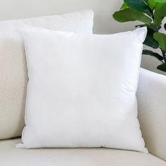 a white pillow sitting on top of a couch next to a plant