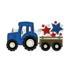 a blue tractor with stars on it and a wooden box in the back is shown