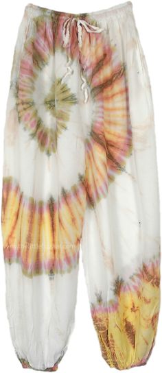 These are straight-leg pants (not with a ballooning style that has gathers above the knees) in white base with swirling pink and yellow shades, creating a stunning tie dye effect that is sure to turn heads this Spring and Summer. The harem style provides ample room for movement, while the elastic waistband ensures a comfortable and secure fit. #tlb #SplitSkirtsPants #vacationclothing #beachwrap #TieDye #bohemianfashion #hippieharempants White Hippie Bottoms For Summer, White Hippie Pants For Summer, Straight Cut Pants, Tie Dye Pants, Hippie Look, Beach Wrap, Trendy Skirts, Simple Pakistani Dresses, Split Skirt