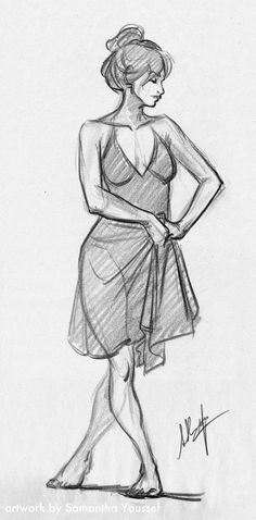 a drawing of a woman in a dress with her hands on her hips, looking down