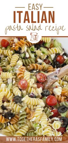 Pasta salad inside a bowl with a wooden spoon. One picture with a text overlay box on top that says 'easy Italian pasta salad recipe'. Pasta Salad With Feta Cheese And Olives, Pasta Salad Recipes With Feta Cheese, Feta Cheese Pasta Salad, Pasta Salad Feta Cheese, Italian Rotini Pasta Salad, Rotini Pasta Salad Recipes, Suddenly Salad Recipe Add Ins, Pasta Salad Recipes With Italian Dressing, Pasta Salad With Feta Cheese