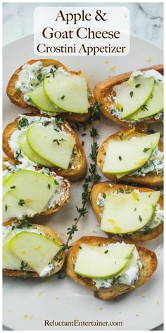 several pieces of bread with cucumber and cheese on them sitting on a white plate