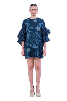 Blue dress with floral motifs and zari threadwork. - Aza Fashions Spring Indigo Floral Print Dress, Dresses Short Blue, Dahlia Pattern, Pattern Dress Women, Floral Pattern Dress, Pattern Dress, Floral Motifs, Dress For Women, Aza Fashion