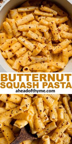 butternut squash pasta in a white bowl with a wooden spoon and text overlay that reads butternut squash pasta