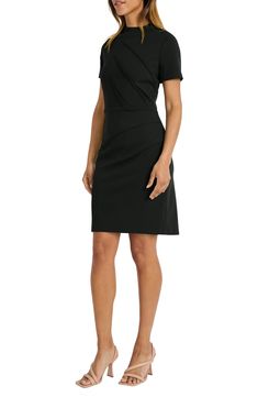 Fitted Black Knee-length Short Sleeve Dress, Black Fitted Smocked Dress With Short Sleeves, Black A-line Short Sleeve Dress For Work, Black Short Sleeve V-neck Dress For Work, Black Non-stretch Short Sleeve Dress, Zip Front Dress, Beautiful Dresses For Women, Maggy London, Stretch Crepe