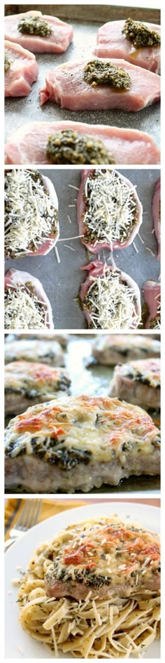 the process of making pizzas with meat and cheese on them is shown in three different stages