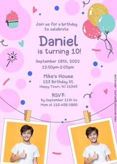 a birthday party flyer with two photos and balloons on the string, in front of a pink background