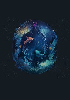 a painting of two fish swimming in the ocean with stars and clouds around them on a dark blue background